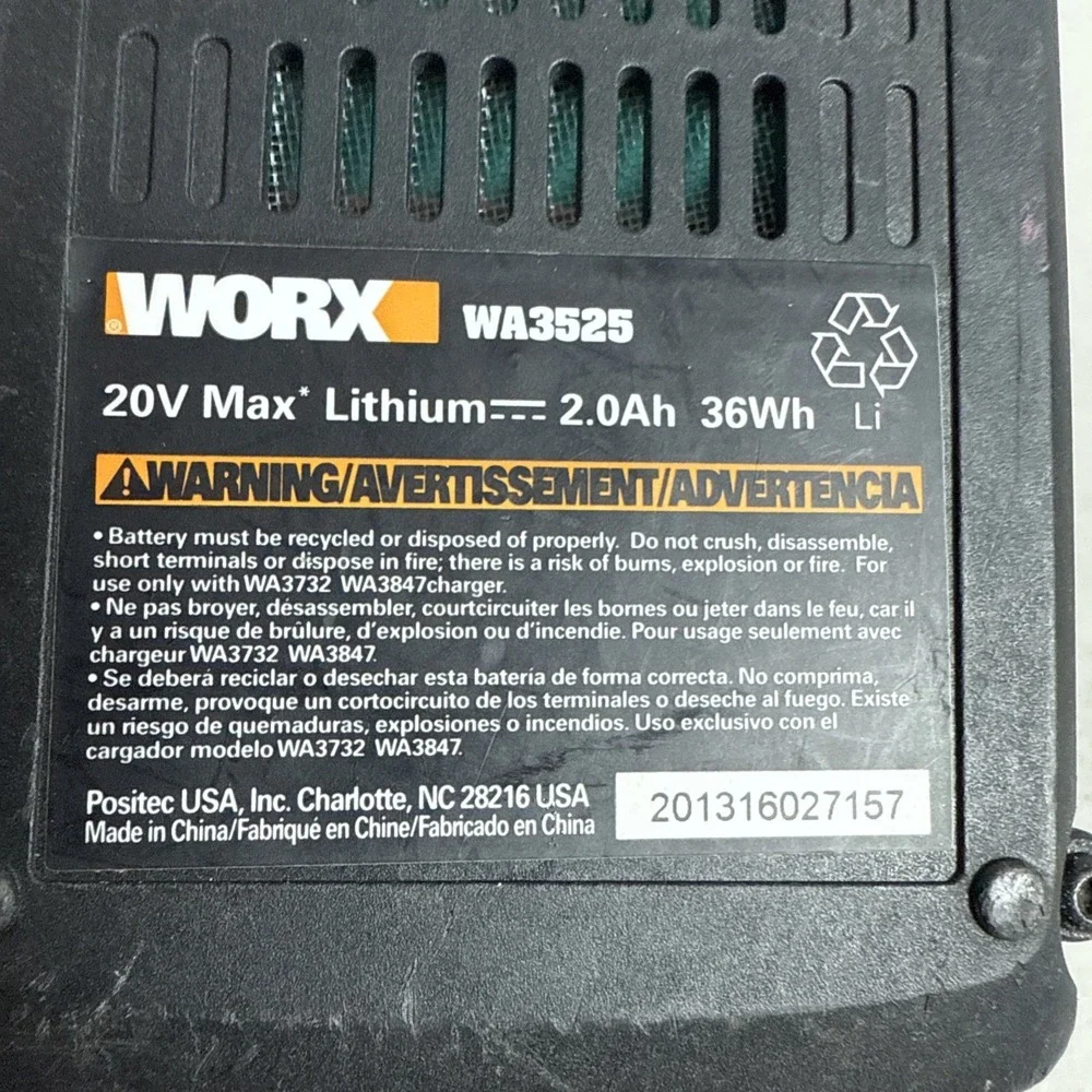 WORX WA3525 Black Orange 20 Volt PowerShare 2.0 Ah Replacement Battery Pack